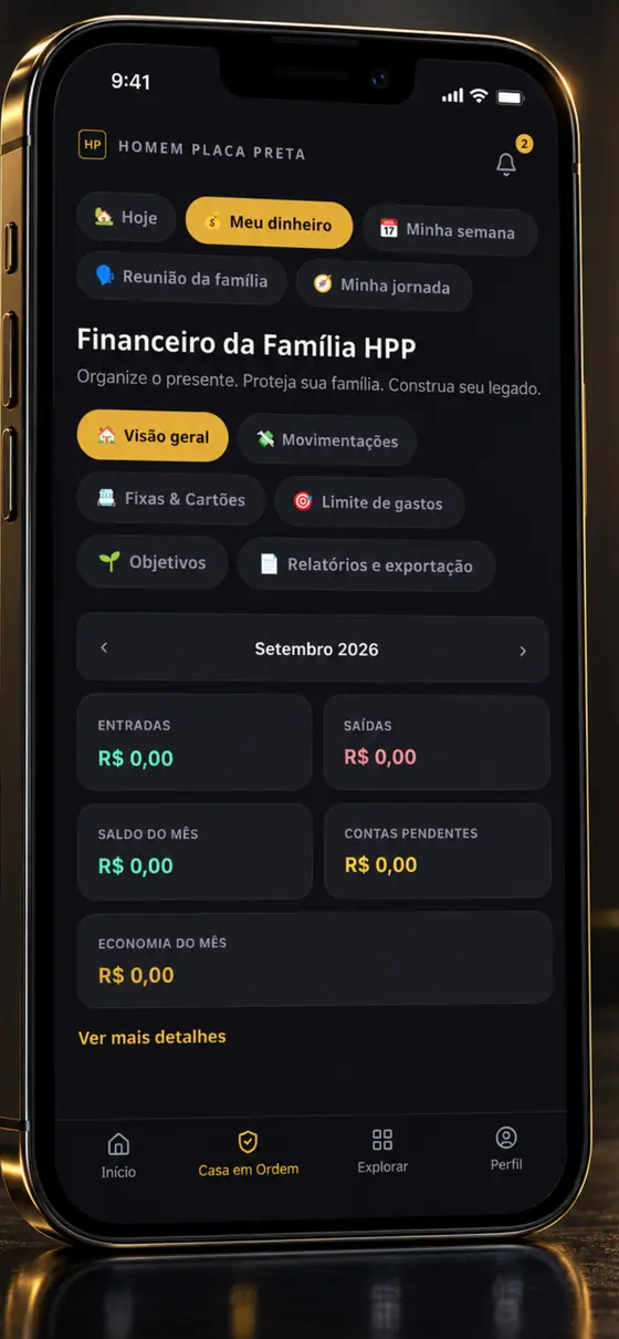 Tela Financeiro da Família HPP com entradas, saídas, saldo e contas pendentes do mês
